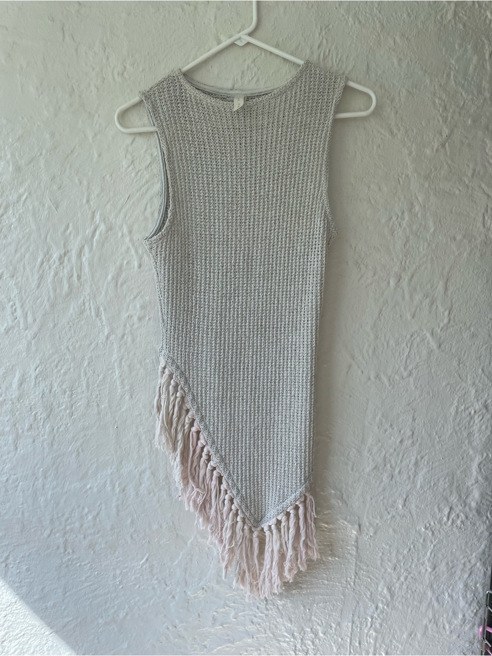 May Pink asymmetrical cream crochet tunic mini dress light pink fringe; S